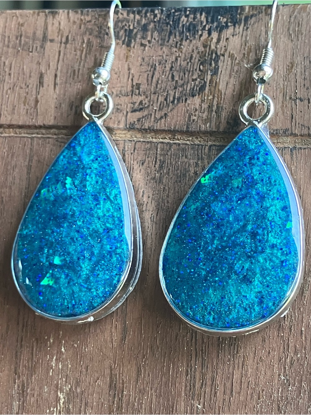 Blue opal inspired teardrop resin dangle earrings - Picture 6 of 6